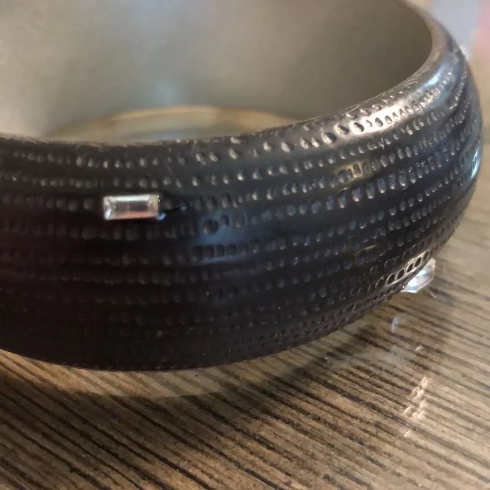 Vintage Black Textured Acrylic Bangle with Cut Glass Rhinestones 9”, approx